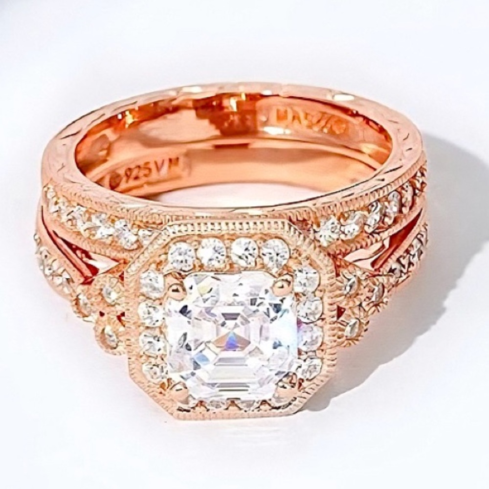 Rose Gold sterling silver Engagement Ring Set with Swarovski Stones Asher Cut - Picture 6 of 11